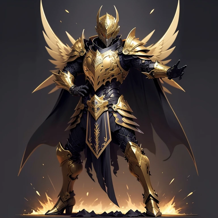 In a dynamic pose, full body Male knight wearing a black leather armor under a shiny yellow obsidian intricate elaborated plate chest armor with gold wind accents, long black cape with gold  ornaments, holding a bow, dynamic pose, high icey mountains background, feathers