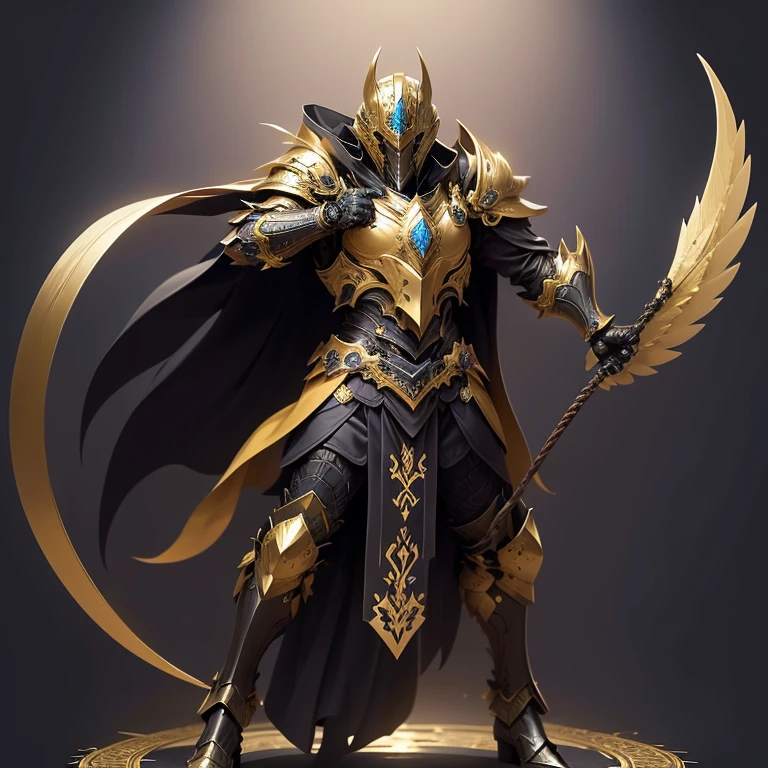 In a dynamic pose, full body Male knight wearing a black leather armor under a shiny yellow obsidian intricate elaborated plate chest armor with gold wind accents, long black cape with gold  ornaments, holding a bow, dynamic pose, high icey mountains background, feathers