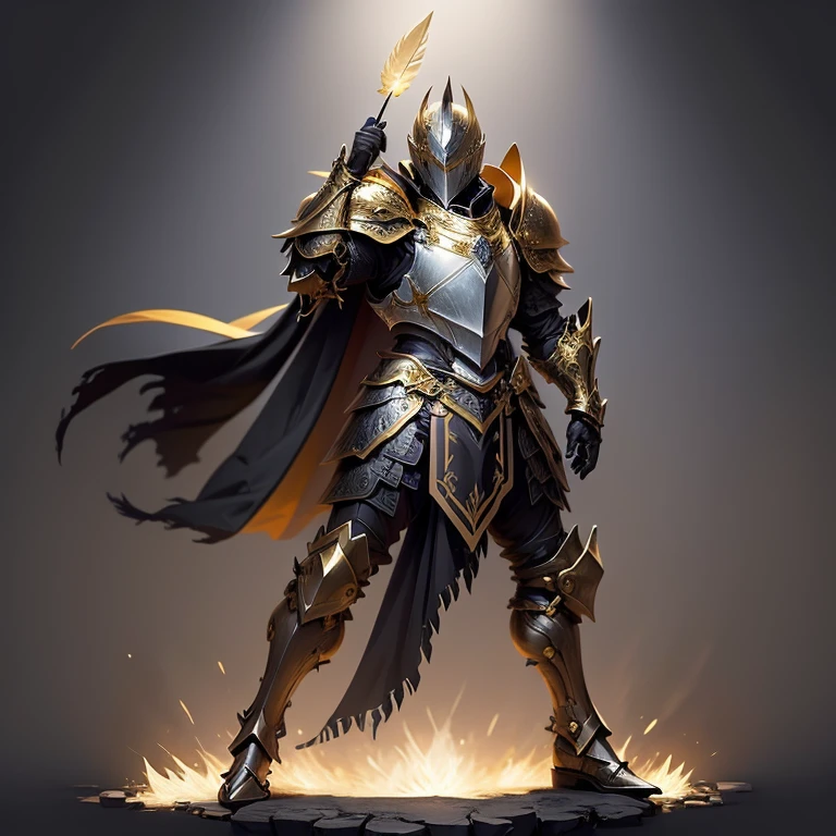 In a dynamic pose, full body Male knight wearing a black leather armor under a shiny yellow obsidian intricate elaborated plate chest armor with gold wind accents, long black cape with gold  ornaments, holding a bow, dynamic pose, high icey mountains background, feathers