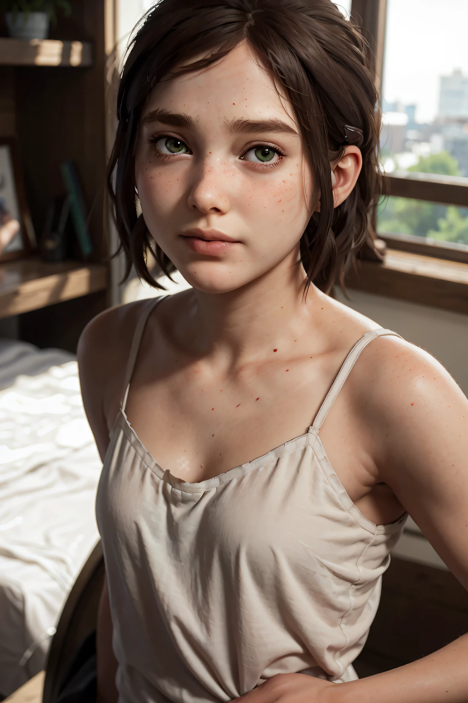 A stunning and intricate full color Ultra-HD portrait, a girl, short brown hair, green eyes, detailed face, ((detailed face:1.5)), ((cute face:1.3)),((flat chiest:1.5)), Pure white camisole, in a bedroom with a window. no plants, epic character composition, alessio albi, nina masic, sharp focus, natural lighting. , subsurface dispersion, f2, 35mm,