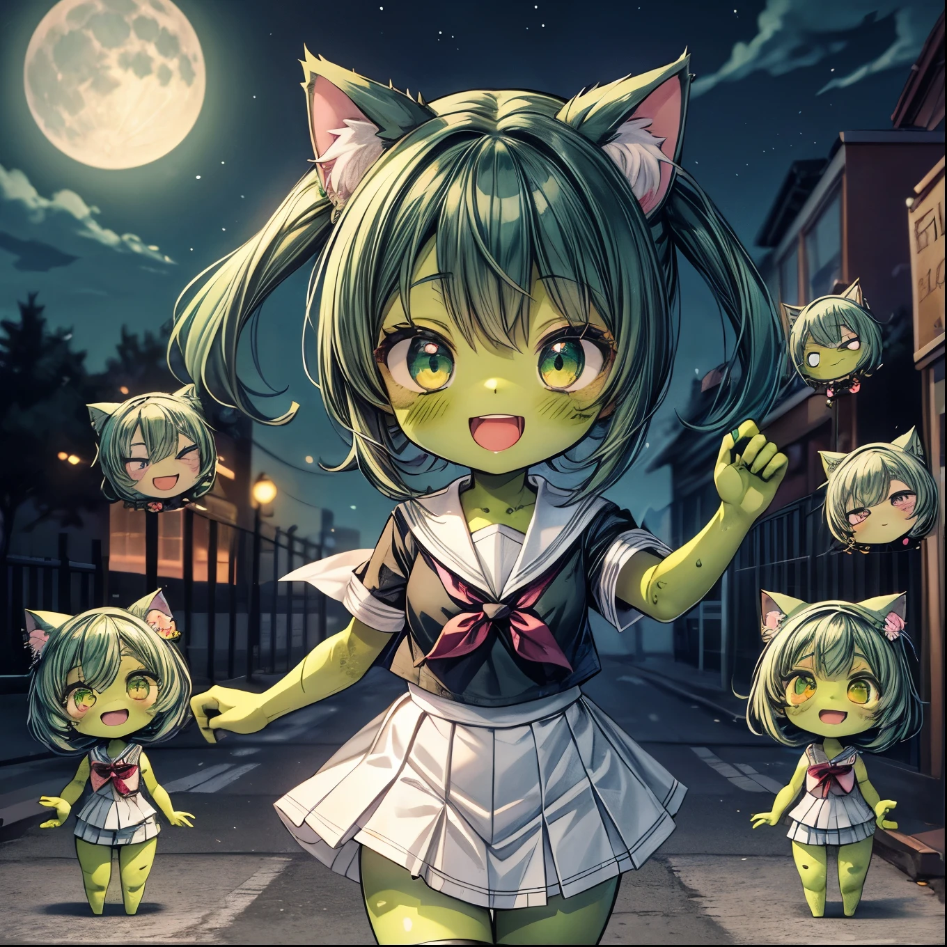 (5girl), crazy eyes, crazy smile, (green skin: 1.3), crapped skin, zombie, school sailor uniform, (dancing like a thriller)), night street corner, moon、( cute)、( Chibi Characters)、Cat Ears、
