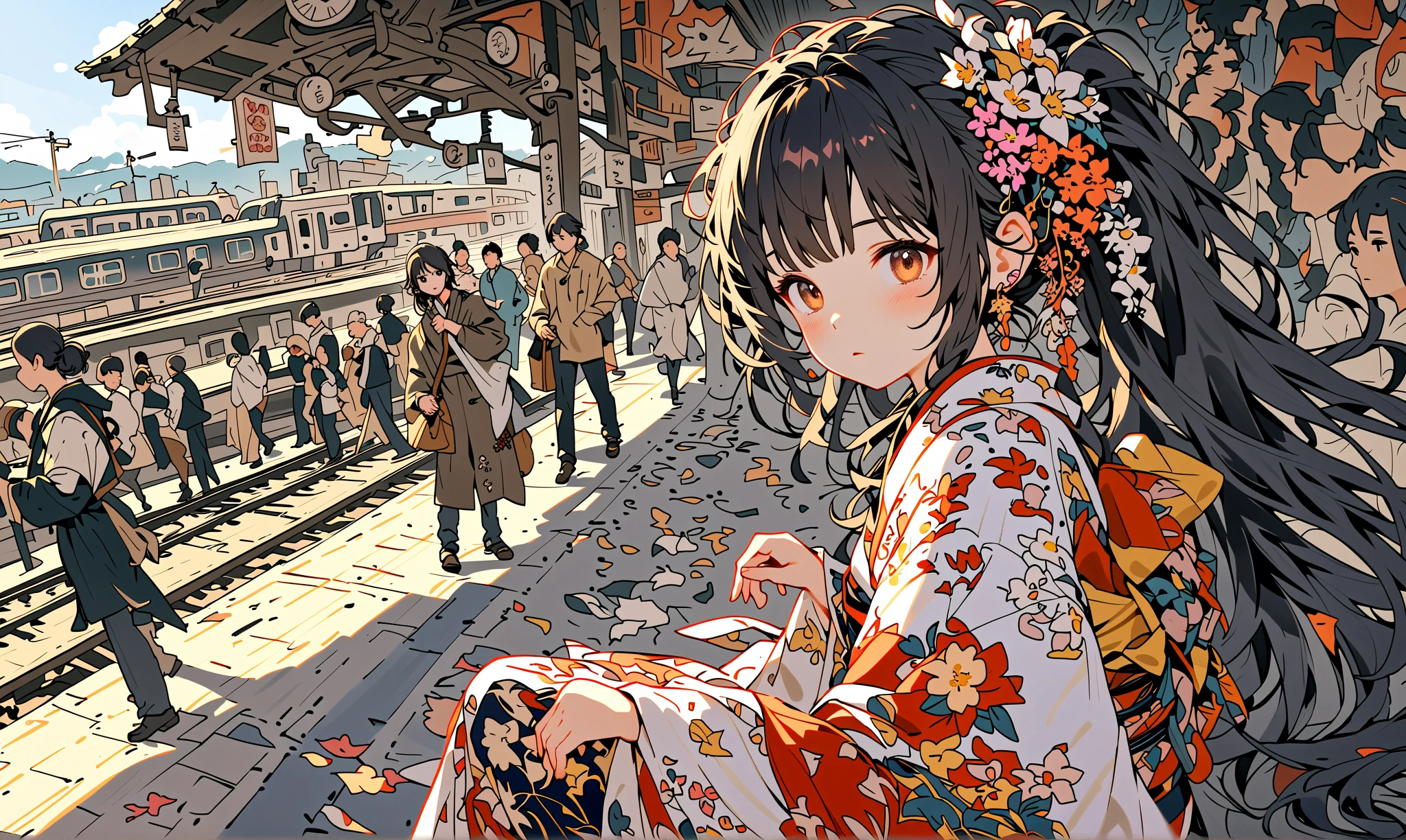 (very crowdy station:1.6),(Overcrowded crowds),(people wearing kimono for New Year's Celebration),solo,1girl\(cute, kawaii,small ,black hair with blue dip-dye hair,pony tail hair,long hair,brown eyes,big eyes,sitting on a bench,waiting for train,head phone,JK,beautiful kimono,looking away,boring\). BREAK .background\((train),(trainstation:1.3) in the future,\),long shot,wide shot,from side. BREAK .quality\(8k,wallpaper of extremely detailed CG unit, high resolution, top-quality, top-quality real texture skin, hyper realistic, increase the resolution, RAW photos, best quality, highly detailed, the wallpaper, golden ratio, high saturation realism, vibrant colors, dramatic lighting, persuasive storytelling, atmospheric scenery, captivating visuals, intricate details, strong emotions, dreamlike world\),landscape,focus on the trainstation,from above