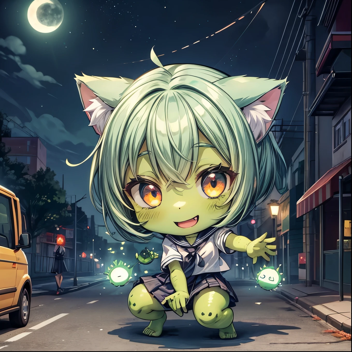(5girl), crazy eyes, crazy smile, (green skin: 1.3), crapped skin, zombie, school sailor uniform, (dancing like a thriller)), night street corner, moon、( cute)、( Chibi Characters)、Cat Ears、(Breaking)、(Breakdancing)