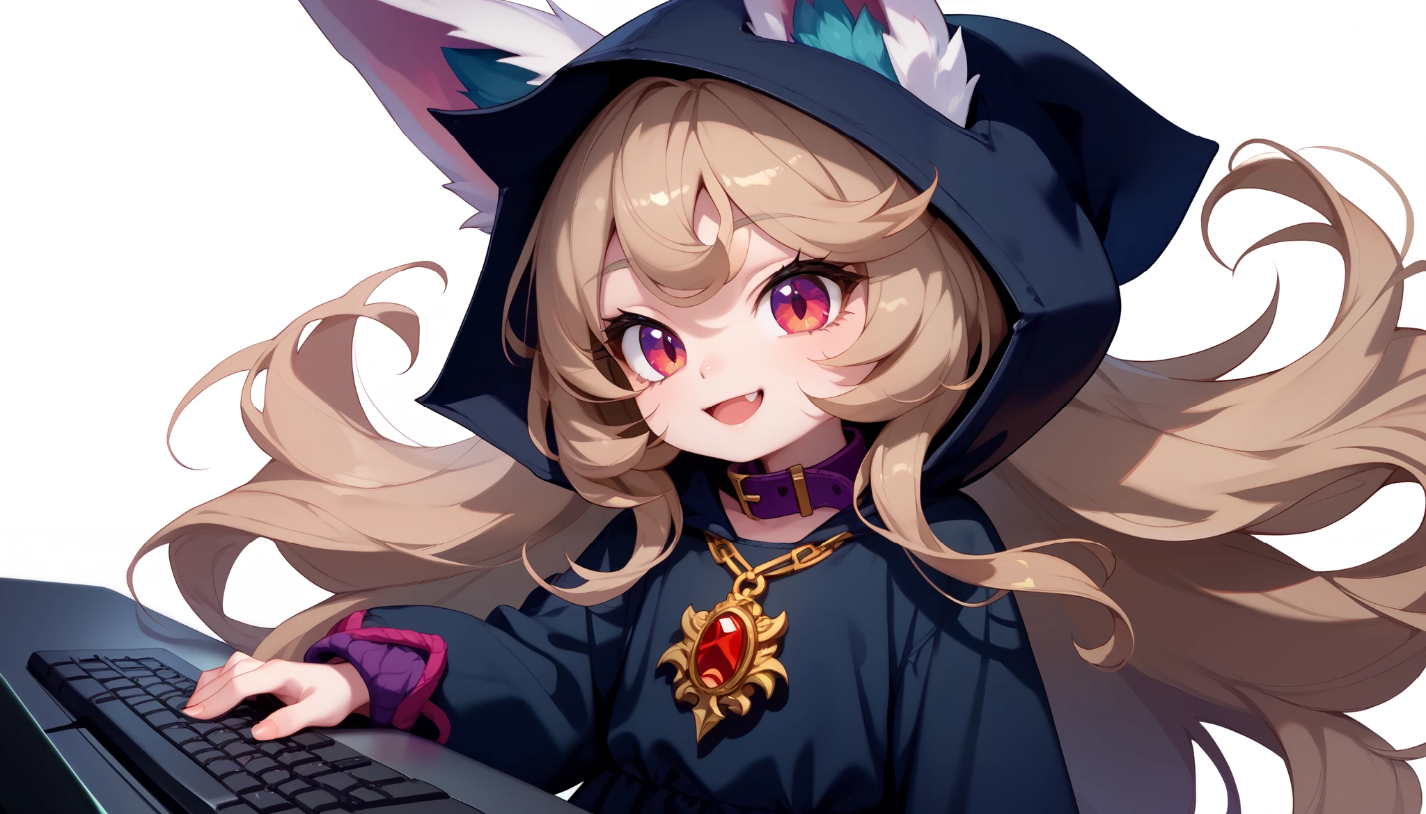 (masterpiece:1.3), (best quality:1.3), (very detailed), (anime style:0.1), game cg, anime coloring,((simple white background)),VexLoLXL,big eyes,yordle,shortstack,red eyes,((light brown hair,bangs,long hair)),shiny_skin,white_skin,white skin,black hood,hood up,ears through headwear,white animal ears,black shirt,purple collar,gold pendant top,long sleeves,black dress,long dress,bare hands,((Alone)), 1girl,smile,((cowboy shot)),joyful and celebratory atmosphere, (( happy expression)),Using a computer,Typing on a keyboard