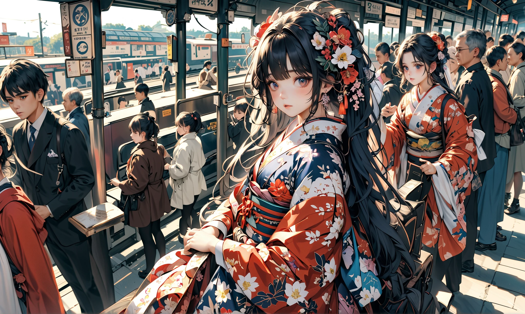 (very crowdy station:1.6),(Overcrowded crowds:1.3),people wearing kimono for (New Year's Celebration:1.3),1girl\(cute, kawaii,small ,black hair with blue dip-dye hair,pony tail hair,long hair,brown eyes,big eyes,sitting on a bench,waiting for train,head phone,JK,beautiful kimono,looking away,boring\). BREAK .background\((train),(trainstation:1.3) in the future,\),long shot,wide shot,from side. BREAK .quality\(8k,wallpaper of extremely detailed CG unit, high resolution, top-quality, top-quality real texture skin, hyper realistic, increase the resolution, RAW photos, best quality, highly detailed, the wallpaper, golden ratio, high saturation realism, vibrant colors, dramatic lighting, persuasive storytelling, atmospheric scenery, captivating visuals, intricate details, strong emotions, dreamlike world\),landscape,focus on the trainstation,from above