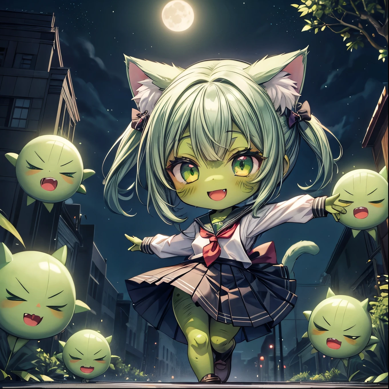 (5girl), crazy eyes, crazy smile, (green skin: 1.3), crapped skin, zombie, school sailor uniform, (dancing like a thriller)), Night Park, moon、( cute)、( Chibi Characters)、Cat Ears、