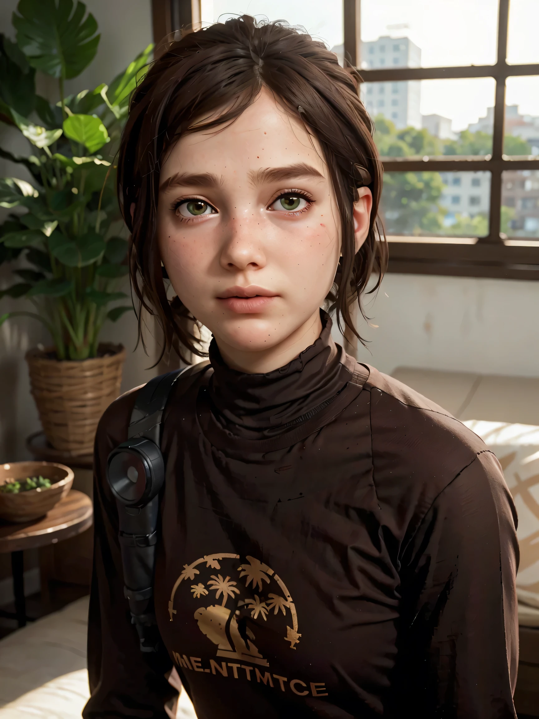 A stunning and intricate full color Ultra-HD portrait, a girl, short brown hair, green eyes, detailed face, turtleneck dress or brown t-shirt, with 2 pale yellow palm tree logo, in a room with a window. no plants, epic character composition, alessio albi, nina masic, sharp focus, natural lighting. , subsurface dispersion, f2, 35mm,