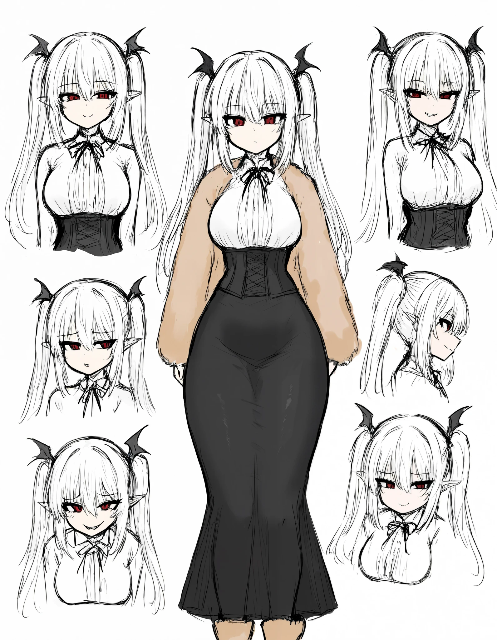 ((Masterpiece,8k,detailed,best quality),1girl,cute face, curvy body,hourglasse body shape,smug,vampire girl,corset,whiteblouse, black and red 18th century clothes,black long skirt,red eyes,big breasts,thick thighs,wide hips,tight clothes,cowboy shot,white hair,twin tail hair,fur boots, fur jacket ,sketch drawing,monochrome,white background, expressions, reference sheet, multiple views, character sheet,
