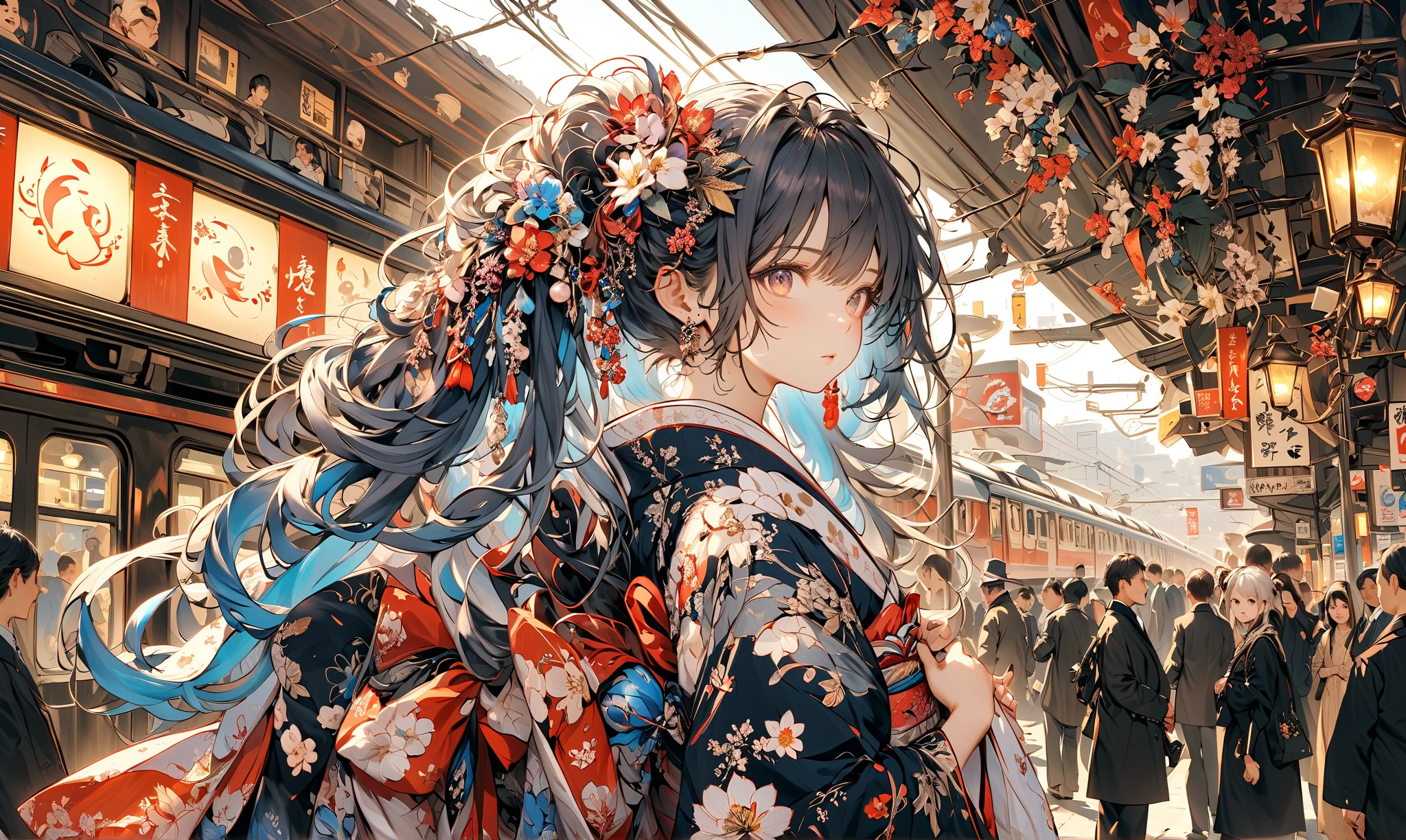 (very crowdy station:1.6),(Overcrowded crowds:1.3),people wearing kimono for (New Year's Celebration:1.3),1girl\(cute, kawaii,small ,black hair with blue dip-dye hair,pony tail hair,long hair,brown eyes,big eyes,waiting for train,head phone,JK,beautiful kimono,(looking away:1.2),boring\). BREAK .background\((train:1.2),(trainstation:1.3) in the future,\),long shot,wide shot,from side. BREAK .quality\(8k,wallpaper of extremely detailed CG unit, high resolution, top-quality, top-quality real texture skin, hyper realistic, increase the resolution, RAW photos, best quality, highly detailed, the wallpaper, golden ratio, high saturation realism, vibrant colors, dramatic lighting, persuasive storytelling, atmospheric scenery, captivating visuals, intricate details, strong emotions, dreamlike world\),landscape,focus on the train,from above