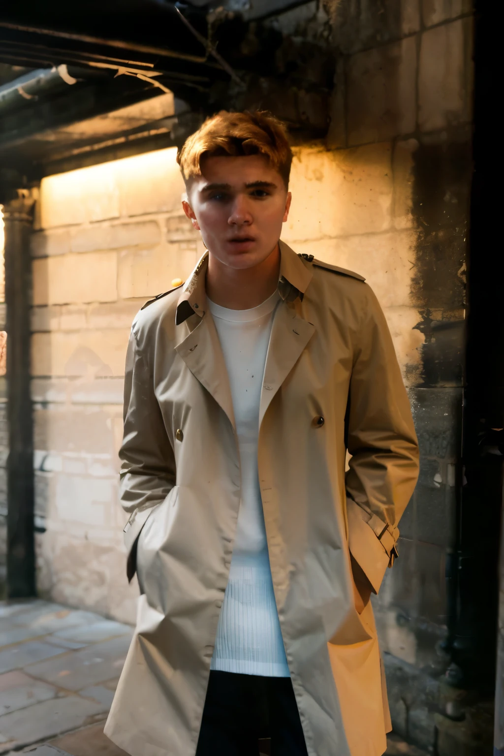 RAW photo, photo of man freddie_pearson wearing burberry trench coat on london street 8k uhd, dslr, soft lighting, high quality, film grain, Fujifilm XT3