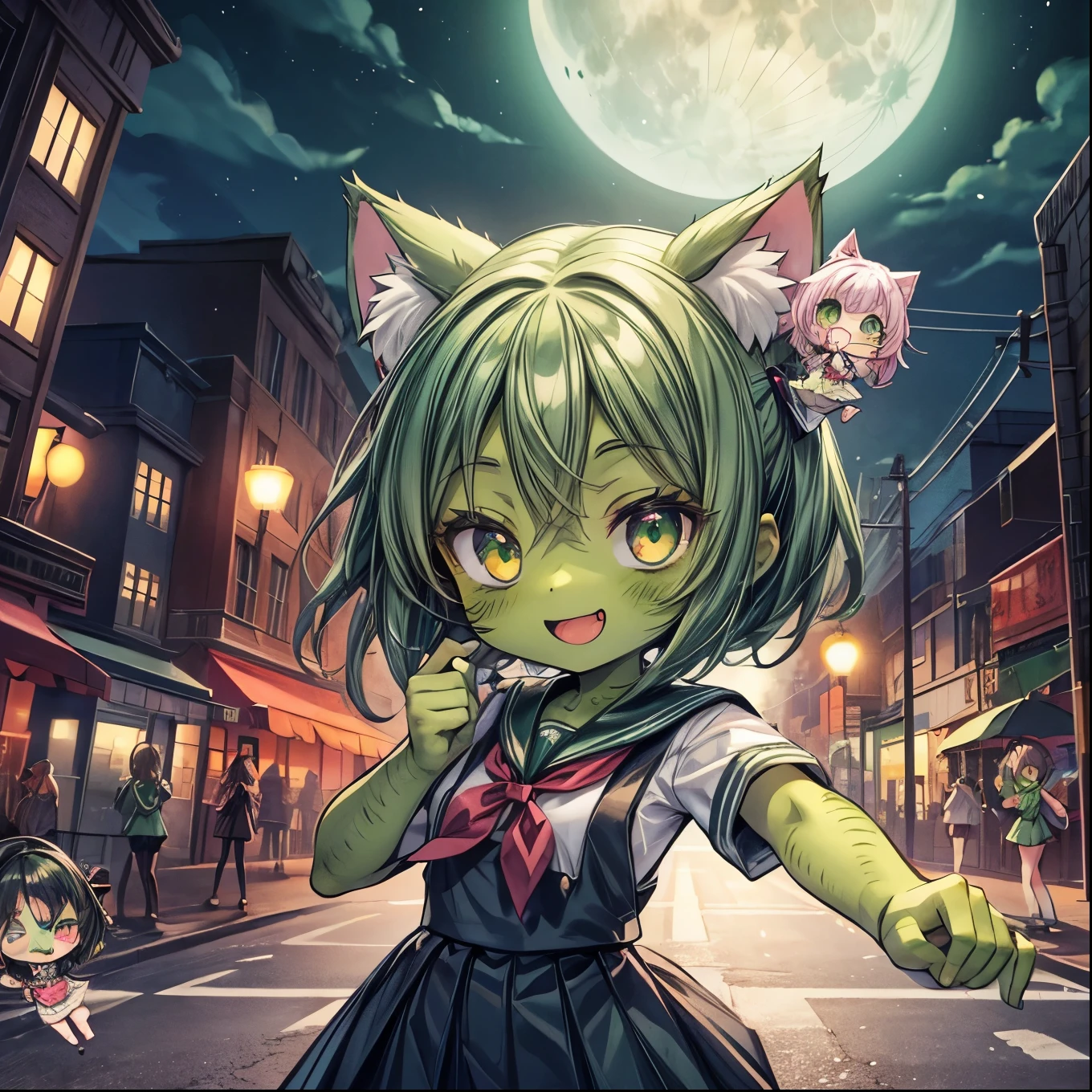(6 girls), crazy eyes, crazy smile, (green skin: 1.3), crapped skin, zombie, school sailor uniform, (dancing like a thriller)), night street corner, moon、( cute)、( Chibi Characters)、Cat Ears、