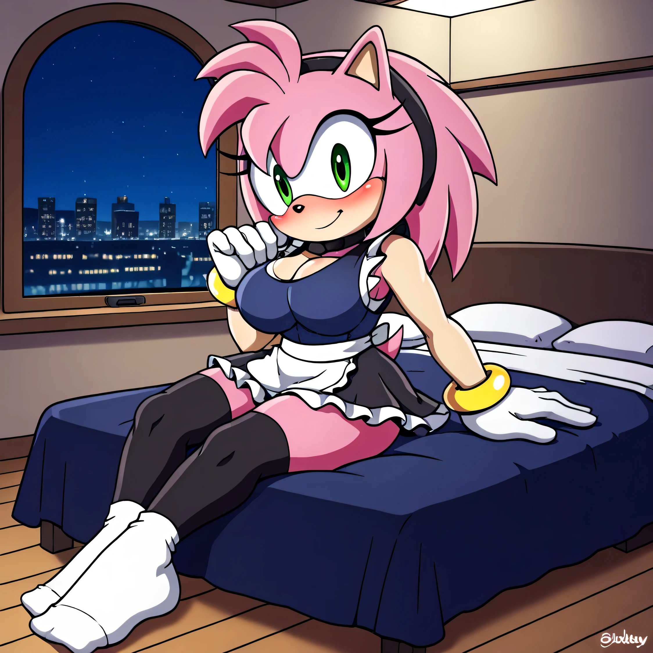 Amy rose,  flirty look ), ), green eyes , big breasts  , black neck strap,white skirt , light blue vest ,comfortable clothes, big thighs,Closed Mouth Smiling , white socks  , Sitting on the bed, black maid   (  white gloves )  In a room at night,blush,black maid 