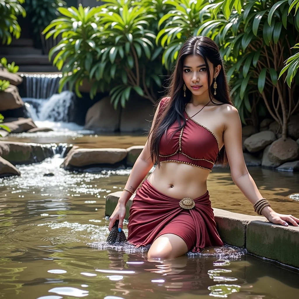 woman wearing two-piece sari，Posing for photos, Indian, beauty goddess, Gorgeous role play, Indian style, indian super model, Beautiful maiden, gorgeous woman, Southeast Asia long, provocative Indian, gorgeous,beauty,woman, Complex clothing, beautiful asian girl, Very detailed shot of the goddess, Expression of enjoyment，My whole body is wet with water droplets，The clothes are soaked and the skin is looming，Amazing beauty, Big deep cleavage sexy navel, ,full-body shot