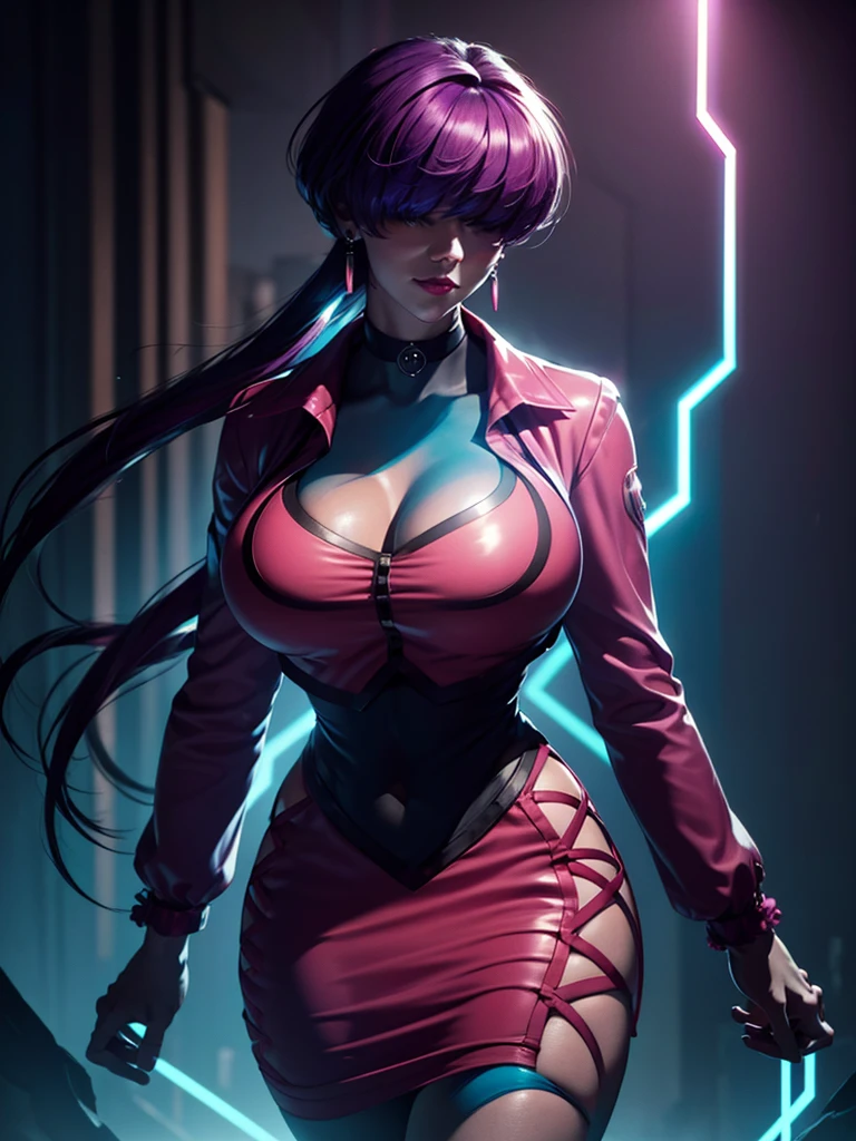 (night), in a video game scene with neon background and neon light, standing, pink suit, pink jacket, choker, low neckline, cut-out clothing, earrings, hair, bangs, ((Hair over eyes)), 1 girl, 20 years old, young woman, beautiful finger, beautiful long legs, beautiful body, beautiful nose, beautiful character design, perfect face, looking at viewer, (focus on her face), closed mouth, light smile, official art, extremely detailed CG Unit 8k wallpaper, perfect lighting, colorful, bright_lighting_on_forehead, glowing skin, (masterpiece: 1.0), (best_quality: 1.0), ultra-high resolution, 4k, ultra-detailed, photography, 8k, HDR-10, high resolution , Nonsense: 1.2, Kodak Portra 400, Film Grain, Background Blur, Bokeh:1.2, Flash lens, (vibrant_color:1.2), professional photography, (beautiful, big_breasts: 1.4), (beautiful_face: 1.5), (narrow_waist),
