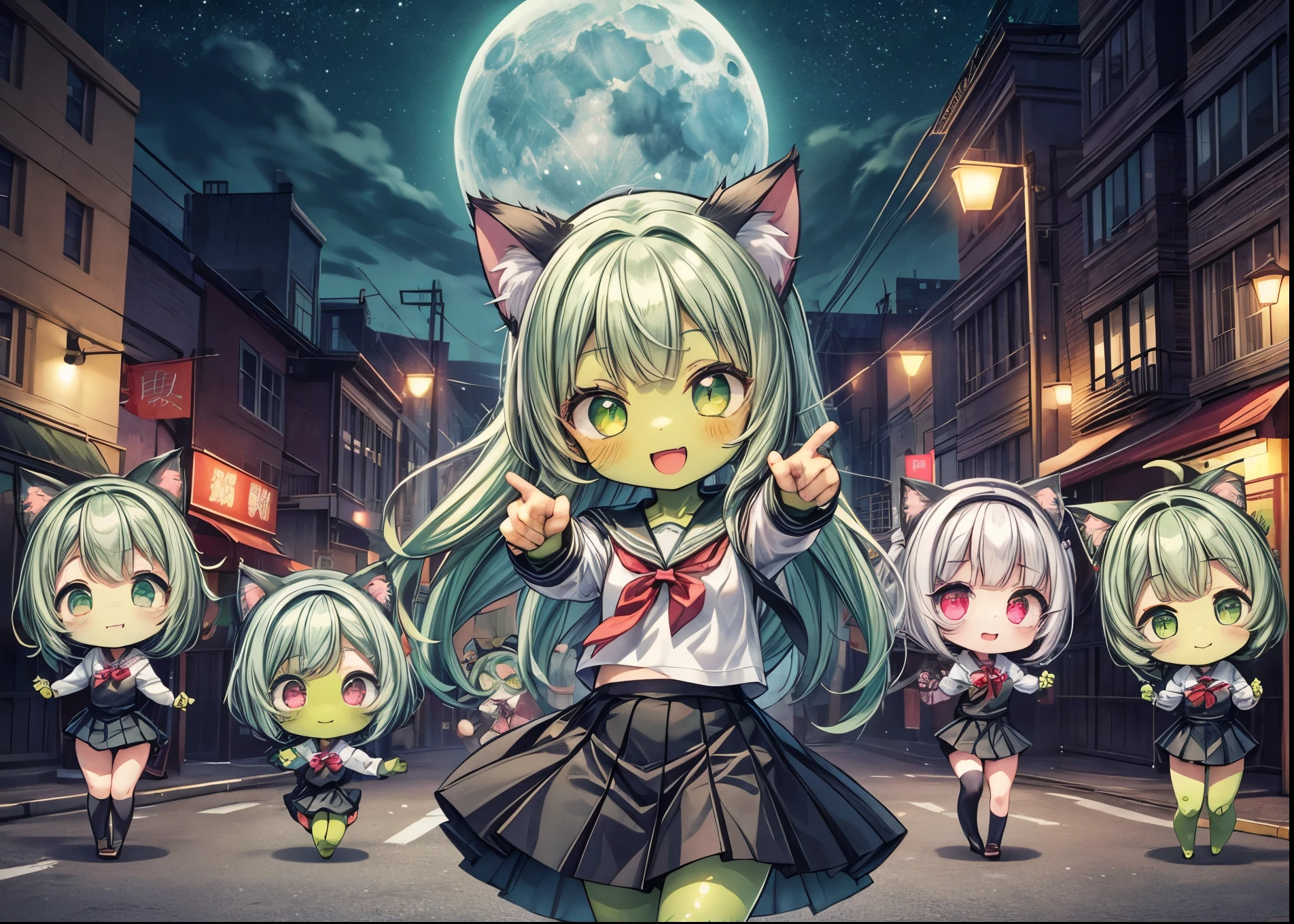(6 girls), crazy eyes, crazy smile, (green skin: 1.3), crapped skin, zombie, school sailor uniform, (dancing like a thriller)), night street corner, moon、( cute)、( Chibi Characters)、Cat Ears、
