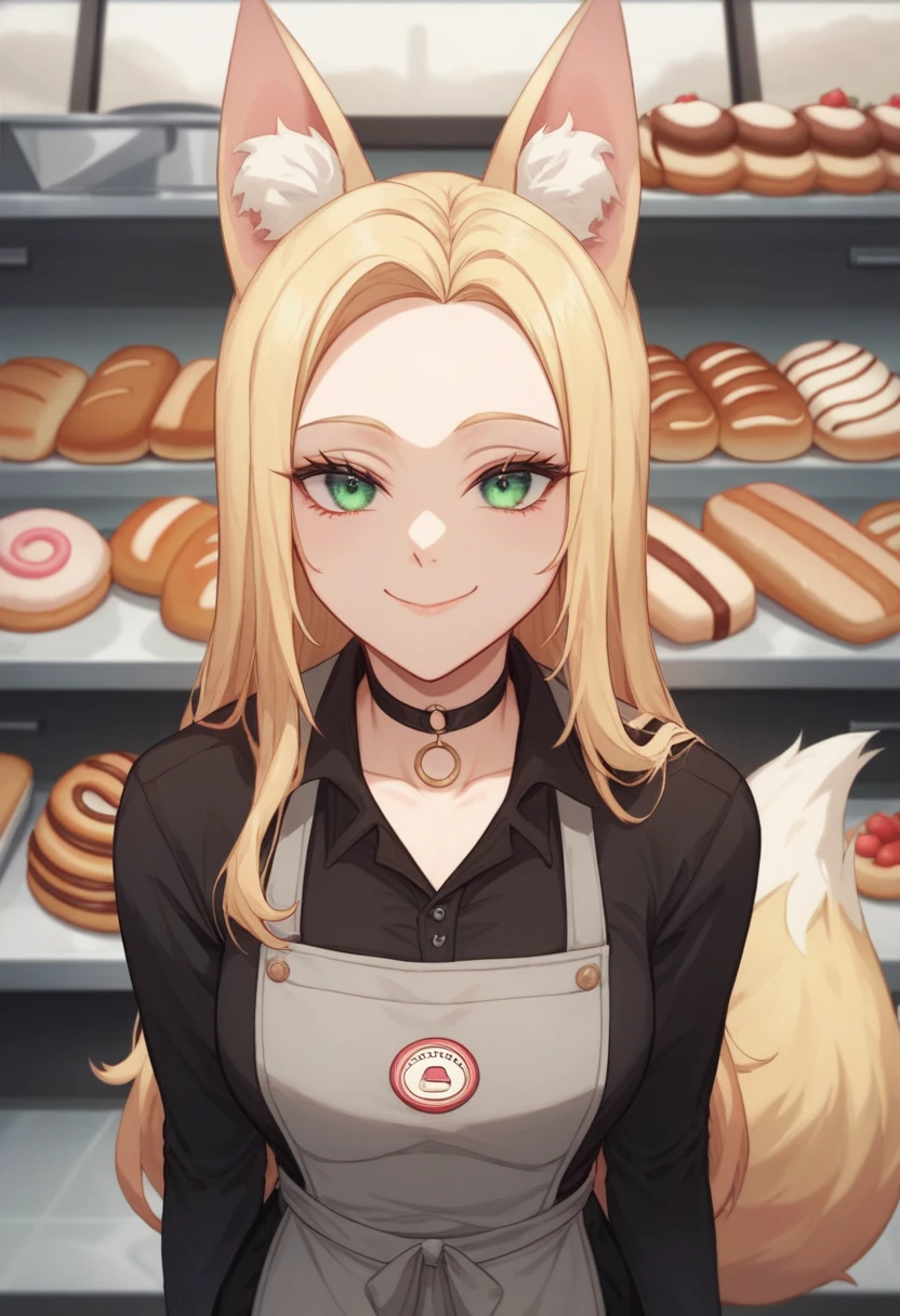 Create an image of an anime girl, 19 years old, fox ears, fox tail , long hair, green eyes, very dark big circles under eyes, dark circles under eyes, blonde hair, black trousers, choker, wearing an black polo shirt, grey apron with lettering text "ЦЕХ85", A red bandana on her head forehead, day time, (bread shop background), cashier in bakery shop, bakery shop bakery shop , Eats eclair, white face cream, Sales consultant, smile closed mouth, text "ЦЕХ85"