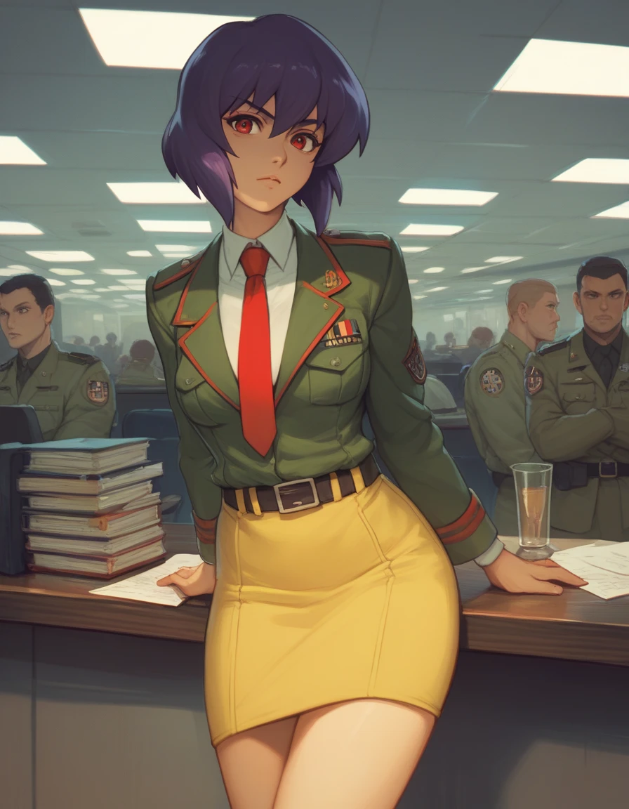 score_9, score_8_up, score_7_up, score_6_up, score_5_up, score_4_up,
kusanagi motoko, military, military uniform, red tie, yellow skirt suit, ribbon bar, sam browne belt,
looking at viewer, office