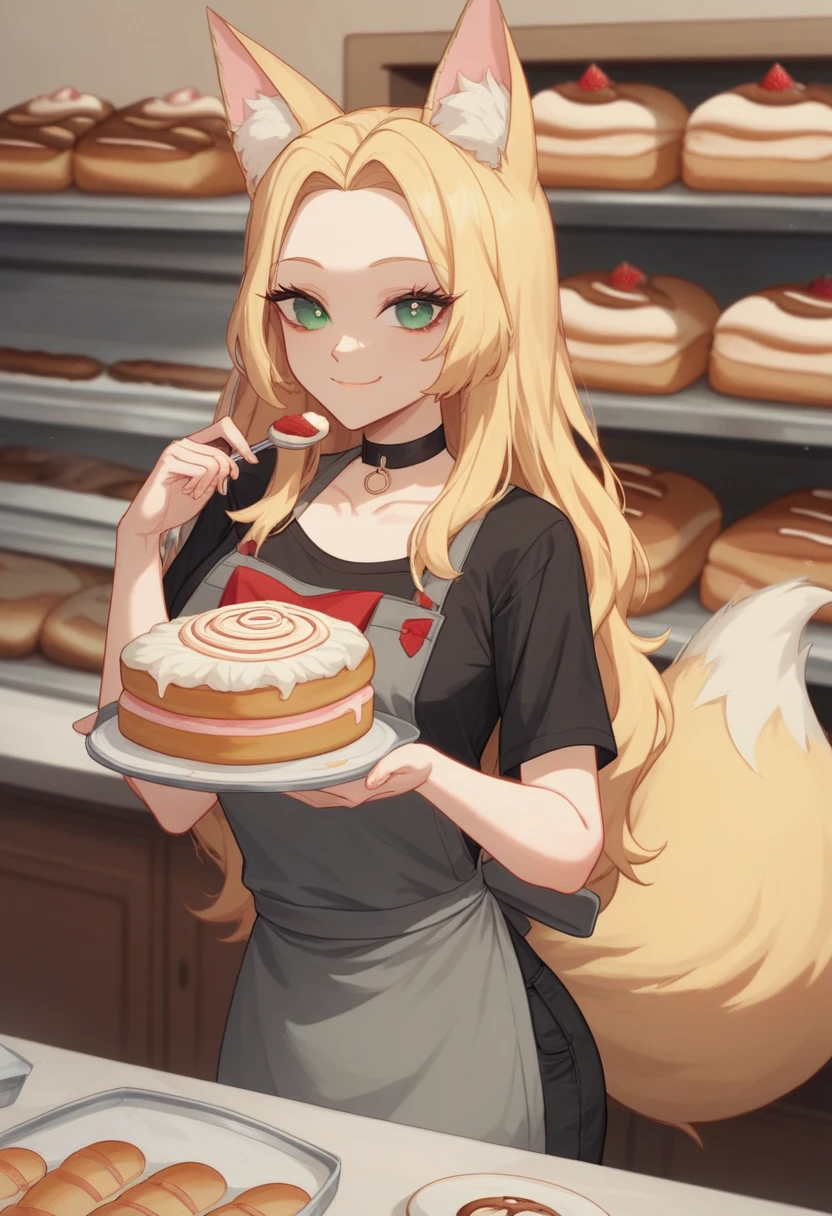 Create an image of an anime girl, 19 years old, fox ears, fox tail , long hair, green eyes, very dark big circles under eyes, dark circles under eyes, blonde hair, black trousers, choker, wearing an black t-shirt, grey apron with lettering text "ЦЕХ85", A red bandana on her head forehead, day time, (bread shop background), cashier in bakery shop, bakery shop bakery shop , Eats eclair, white face cream, Sales consultant, smile closed mouth, text "ЦЕХ85"