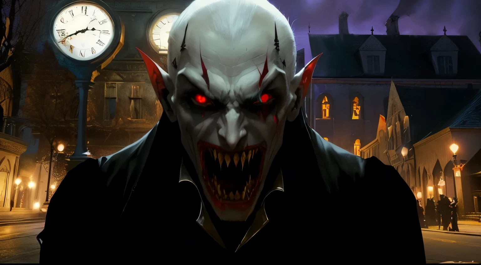 an image of an albino vampire, named Fien, that exudes horror and terror. Fien should be depicted with unnaturally pale skin, long and sharp fangs, and glowing red eyes that seem to pierce the soul. The overall mood of the image should be dark and ominous, with a sense of danger and dread emanating from Fien. The image should be composed with Fien in the center of the frame, with a desolate and eerie background that emphasizes the horror of the scene. The desired image quality should be ultra-high resolution, with deep shadows and rich textures that add to the sense of horror and dread. The composition should be carefully balanced to create a sense of unease and disorientation, drawing the viewer deeper into the nightmare of Fien the albino vampire. --auto