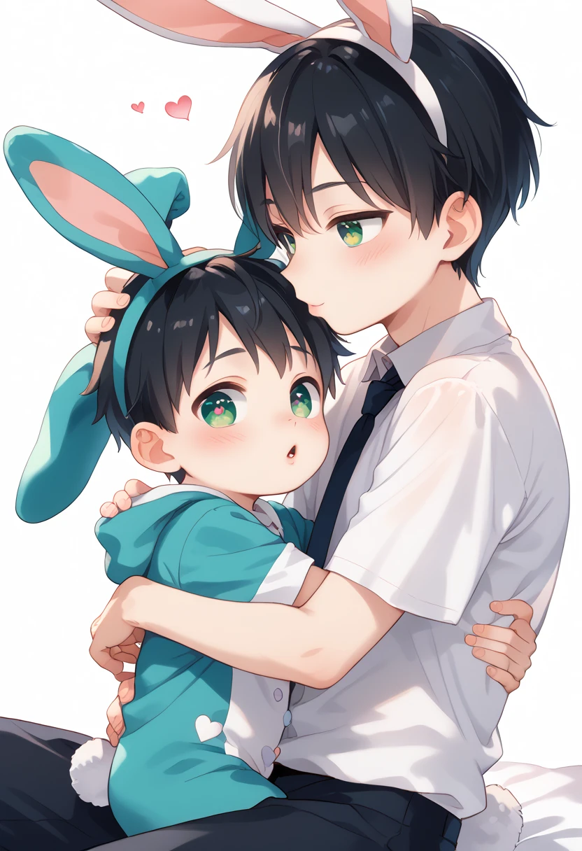 Comic style, comic anime cute boy, black hair, green eyes, slightly blushing, is a primary school boy, baby clothes, bunny suit pink, cute face, big eyes, anime drawing style, shota boy size,slim body, boy's body, gay, boys love it, man and boy, heart in pupil baby boy, small boy, arm hug holding boyfriend, baby bunny clothes, romantic  kiss