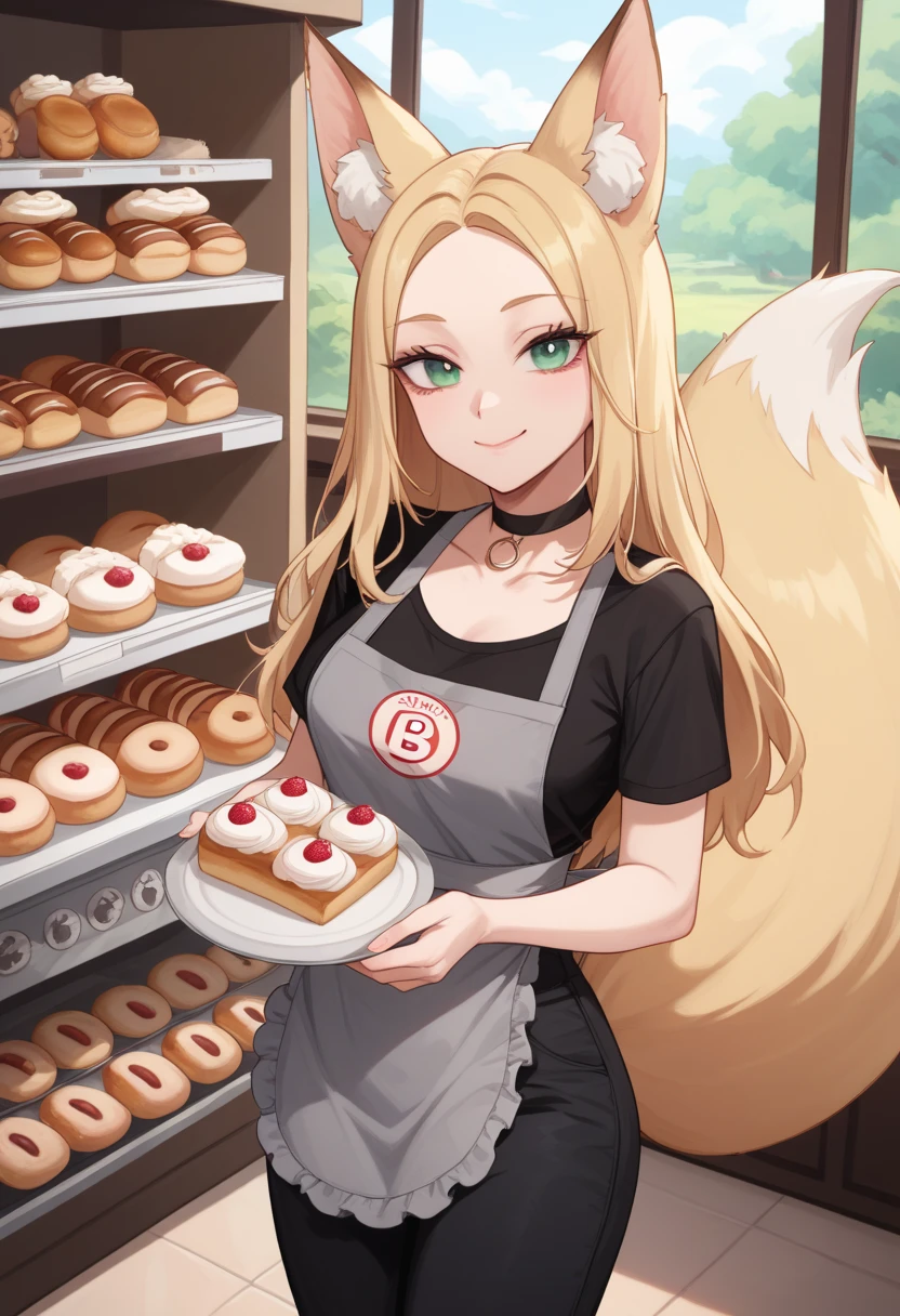 Create an image of an anime girl, 19 years old, fox ears, fox tail , long hair, green eyes, very dark big circles under eyes, dark circles under eyes, blonde hair, black trousers, choker, wearing an black t-shirt, grey apron with lettering text "ЦЕХ85", A red bandana on her head forehead, day time, (bread shop background), cashier in bakery shop, bakery shop bakery shop , Eats eclair, white face cream, Sales consultant, smile closed mouth, text "ЦЕХ85"