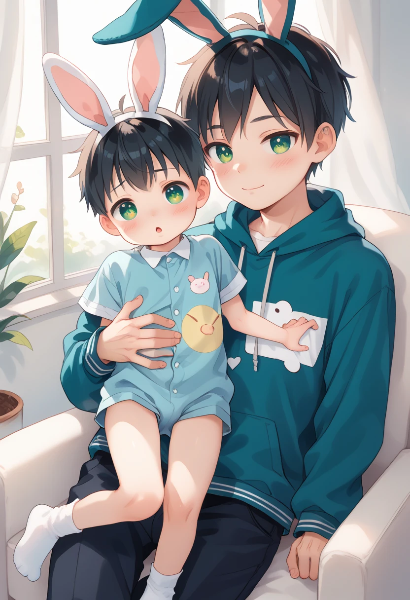 Comic style, comic anime cute boy, black hair, green eyes, slightly blushing, is a primary school boy, baby clothes, bunny suit pink, cute face, big eyes, anime drawing style, shota boy size,slim body, boy's body, gay, boys love it, man and boy, heart in pupil baby boy, small boy, arm hug holding boyfriend, baby bunny clothes, hugging boyfriend 