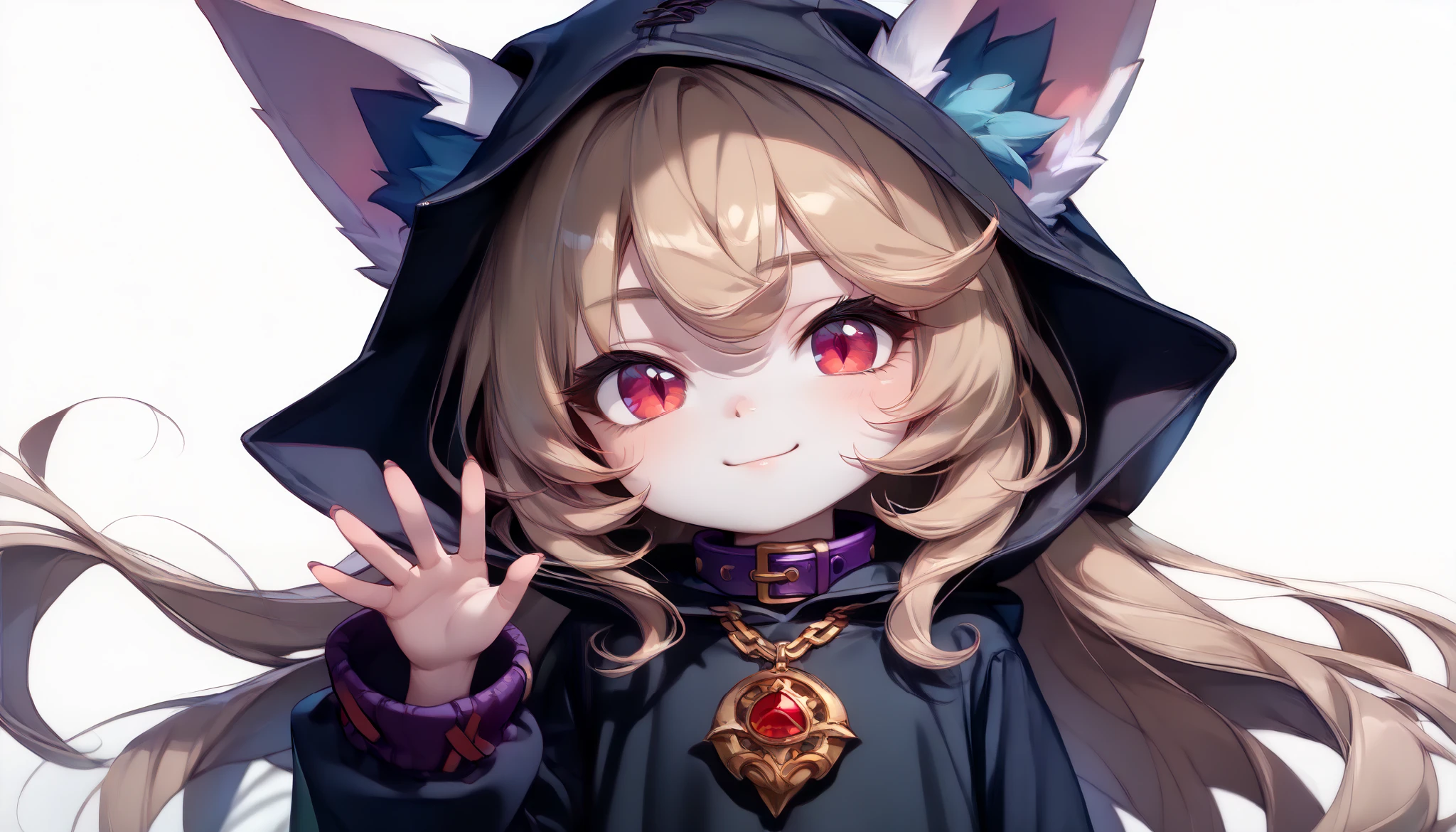 (masterpiece:1.3), (best quality:1.3), (very detailed), (anime style:0.1), game cg, anime coloring,((simple white background)),VexLoLXL,big eyes,yordle,shortstack,red eyes,((light brown hair,bangs,long hair)),shiny_skin,white_skin,white skin,black hood,hood up,ears through headwear,white animal ears,black shirt,purple collar,gold pendant top,long sleeves,sleeves past wrists,black dress,long dress,bare hands,smile,upper_body,((looking at viewer,looking away:1.4)),waving at viewer