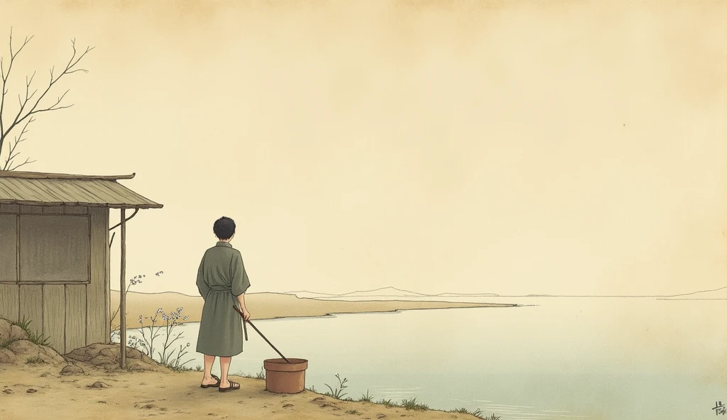 a drawing,A man walks in water with a surfboard, ruan jia and arthur rackham, inspired by Franklin Booth, Yang Qi, full page illustration, author:Lu Ji, feng shu, Daoism, su fu, Franklin Booth, mu pan, zhang daqian, inspired by Makuzu Kōzan
