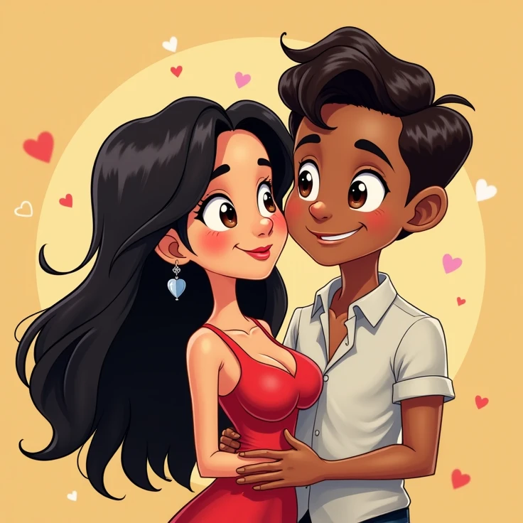 A cartoon of a man and a woman holding hands, the tall, muscular, dark-skinned man with glasses, short black hair to one side, wearing casual clothes and sports shorts, she is brunette, long, straight black hair tied back and wearing a black dress