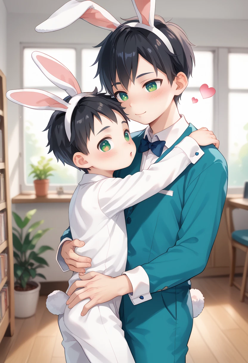 Comic style, comic anime cute boy, black hair, green eyes, slightly blushing, is a , baby clothes, bunnit pink, cute face, big eyes, anime drawing style, shota boy size,slim body, boy's body, gay, boys love it, man and boy, heart in pupil baby boy, small boy, aug holdingriend, baby bunny clothes, romantic  kiss