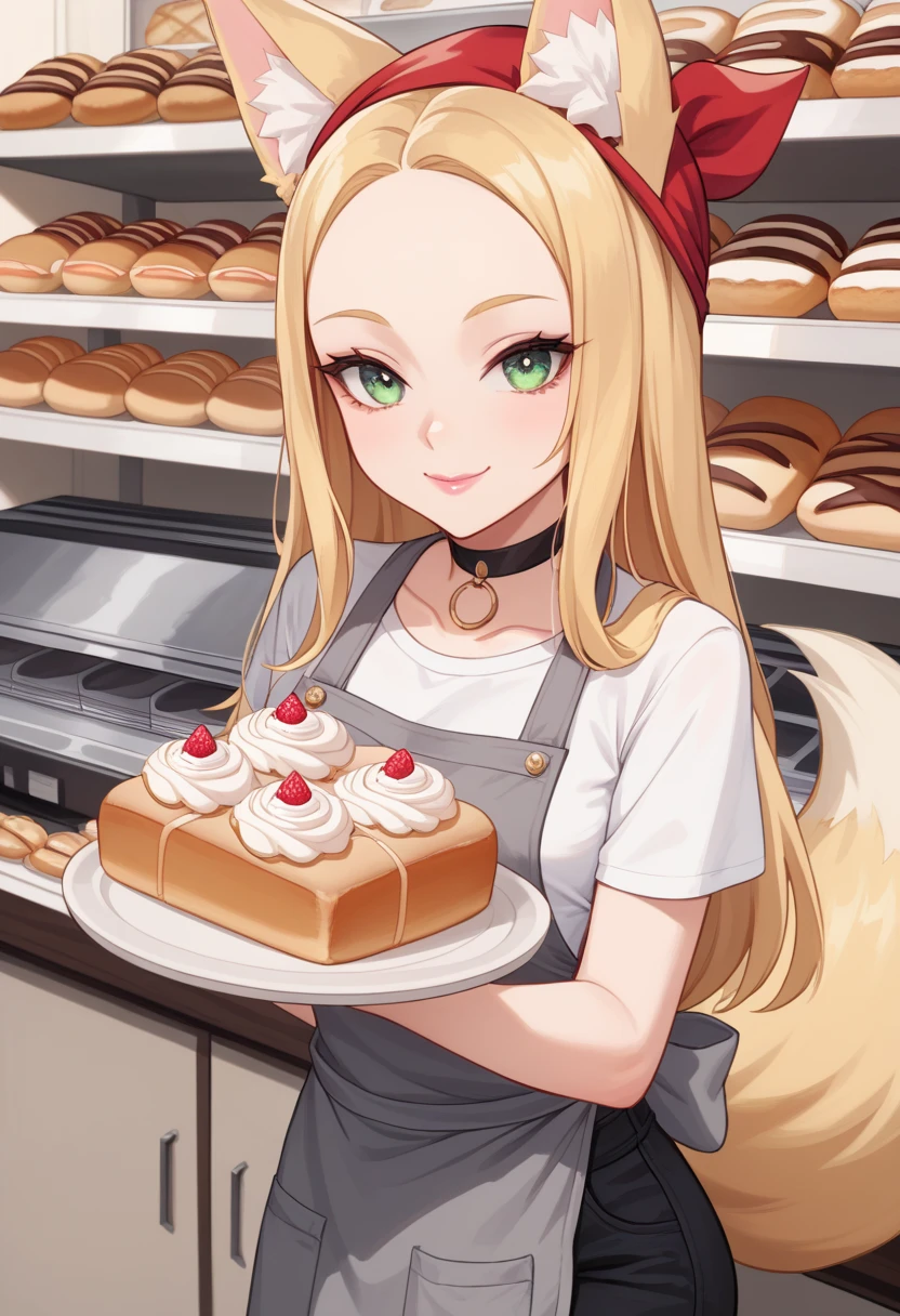 Create an image of an anime girl, 19 years old, fox ears, fox tail , long hair, green eyes, very dark big circles under eyes, dark circles under eyes, blonde hair, pink lips, black trousers, choker, wearing an black t-shirt, grey apron with lettering text "ЦЕХ85", A red bandana on her head forehead, day time, (bread shop background), cashier in bakery shop, bakery shop bakery shop , Eats eclair, white face cream, Sales consultant, smile closed mouth, text "ЦЕХ85", A red bandana on her head forehead