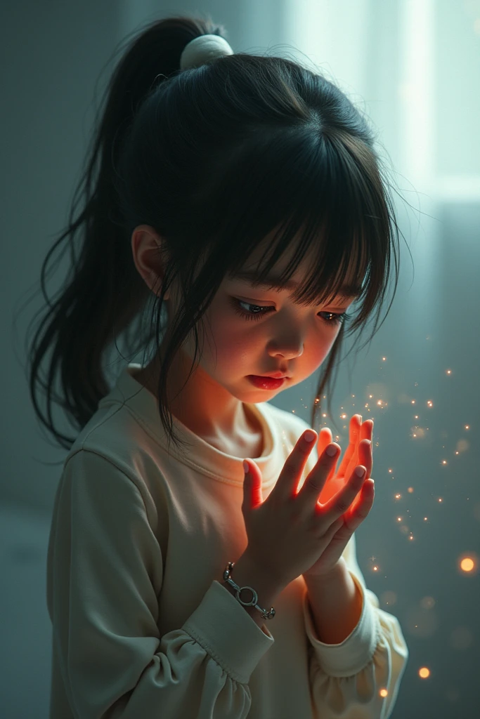 The background is black and gray, and in the center of the picture is a little girl with twisted braids making a wish with her eyes closed, and the light behind her is the little girl's back. Surrounded by flowers and candles