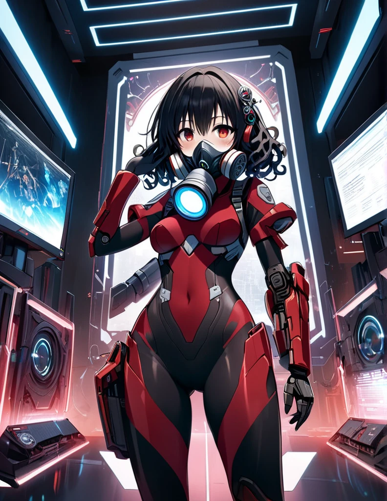 mech girl,  Intricate Details,  Beautiful Detailed Face , (red black bodysuit on exoskeleton:1.2),  headphonesgear, emboss processing on decoration body, bioluminescence ,  watching viewers , Respirator mask,  Black Hair , curly hair,  futuristic goggles on eyes , blush,  futuristic monitor room ,  salute, cowboy shot, Atmospheric Perspective, 8k, super detailed, ((rating_safe))