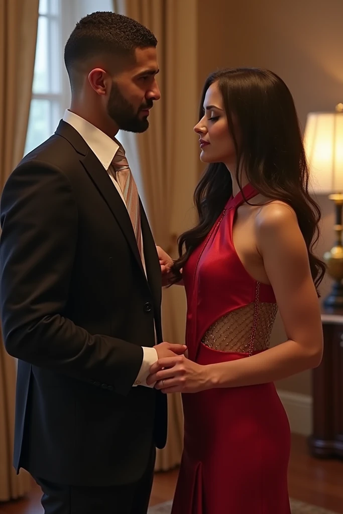 A young Puerto Rican man with a beard, hairy, strong and muscular, in red underwear, having her thighs examined by a beautiful woman in red panties crouching in front of her, in performance on a stage of a television program presented by a famous presenter with a microphone in his hand.