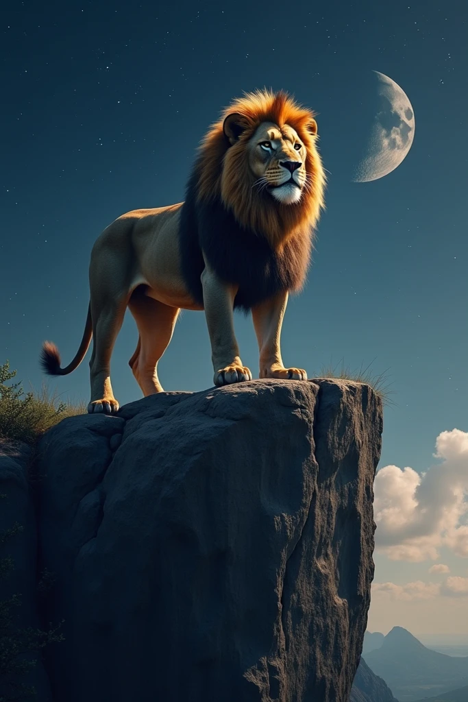 A majestic and powerful lion with an impressive mane gently moving with the wind, standing on a high, rugged cliff, exuding strength and elegance. The night sky is illuminated by a waning crescent moon, visible as a delicate smile on the horizon, with deep blue tones and scattered stars enhancing the scene. The setting conveys a sense of grandeur and mystery, with realistic details in the lion’s texture, the cliff, and the sky.