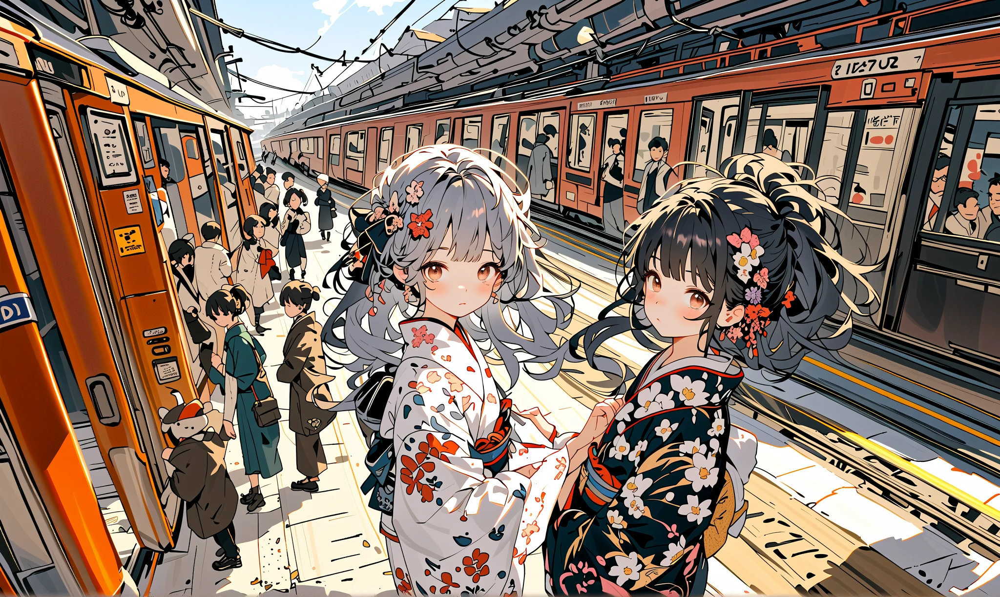 (very crowdy station:1.6),(Overcrowded crowds:1.2),people wearing kimono for japanese (New Year's Celebration:1.2),solo,1girl\(cute, kawaii,small ,black hair with blue dip-dye hair,pony tail hair,long hair,brown eyes,big eyes,sitting on a bench,waiting for train,head phone,JK,beautiful kimono,(looking away:1.2),boring\). BREAK .background\((train),(trainstation:1.3) in the future,\),long shot,wide shot,from side. BREAK .quality\(8k,wallpaper of extremely detailed CG unit, high resolution, top-quality, top-quality real texture skin, hyper realistic, increase the resolution, RAW photos, best quality, highly detailed, the wallpaper, golden ratio, high saturation realism, vibrant colors, dramatic lighting, persuasive storytelling, atmospheric scenery, captivating visuals, intricate details, strong emotions, dreamlike world\),(landscape),focus on the train,from above