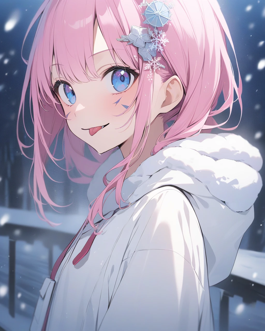   Masterpiece ,  best quality ,1人の girl, White Snow, Alone, smile,  show viewers ,  Snowflakes , From the side,  white dress, Facial scars, Shut up,  upper body,  hair ornament,  Long Sleeve 　 girl　((Long, thin body ))　pink twin-haired 　 shorthair　 gothic lolita　Wet and shiny body（nsfw:1.5）　 sticking out my tongue 　　Fuwafuwa Bunny Year 　Overall Picture、 pink haired girl、 blue eyes、 twin drill、 movie scene
