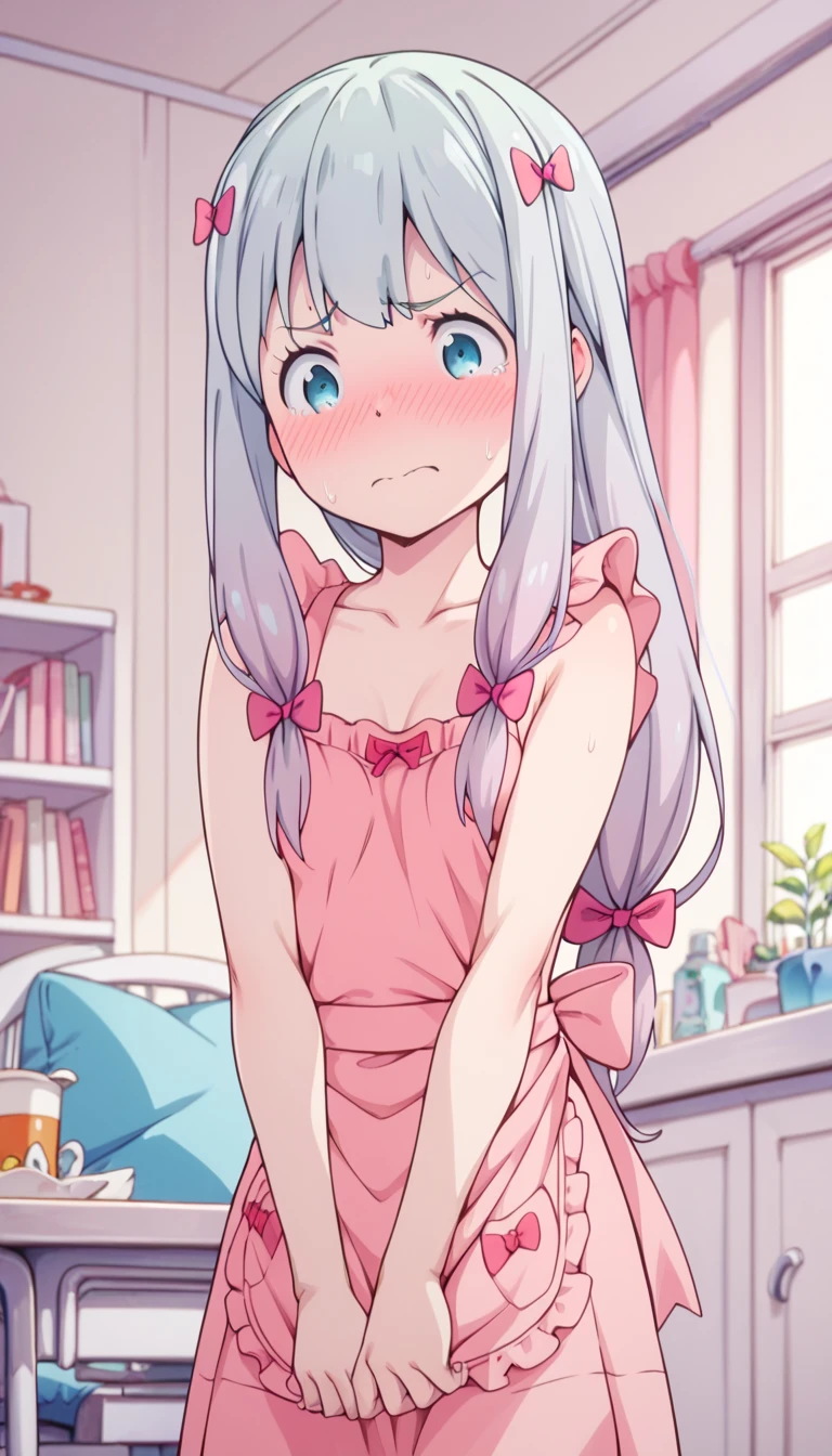 Sagiri Izumi, small breasts, posing embarrassed, red face, Ashamed, Suspender Naked Apron