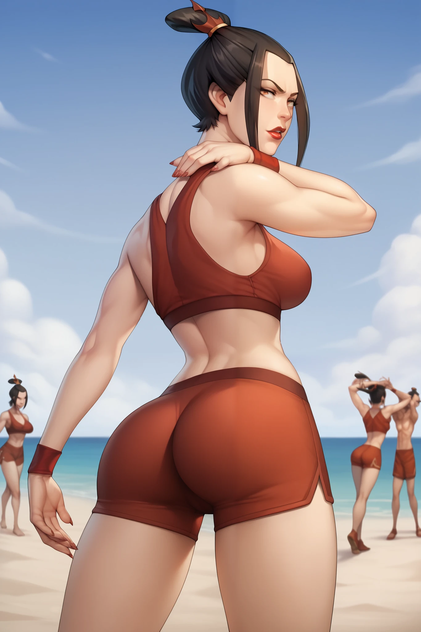    masterpiece ,    The best quality ,  a girl ,just a girl, Azula,  beautiful and sexy body , big bust , (gym clothes,sports holder, women's boxer shorts ),    lipstick  , black hair,    approach from the back showing in the ass,   sexy and beautiful legs  ,  pose sensual,    simple background ,    on the beach , 