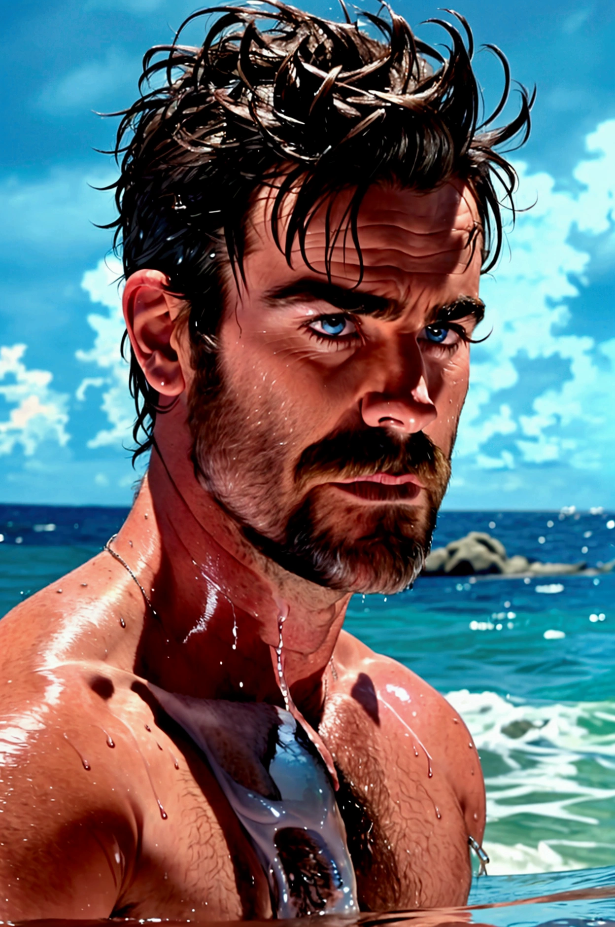 4k,  full body image , bottom view of a very hairy toned man , face of actor Justin Theroux with very short hair , with cool pose , Wet and drenched , Shiny skin, standing on the seashore ,  with a hairy naked torso and wearing a tight white swimsuit marking his big penis, crossed arms, cold and front lighting .