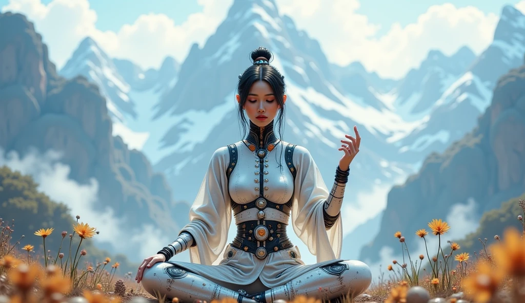 ((masterpiece)) ((photography)) ((Highest quality)) 

(realpaint, waterpaint and gouache. elaborate. wide screen futuristic) 
a woman making taïchi méditation. she is mechanical and wearing traditionnal clothes. background in a high mountains in China. she look at me.