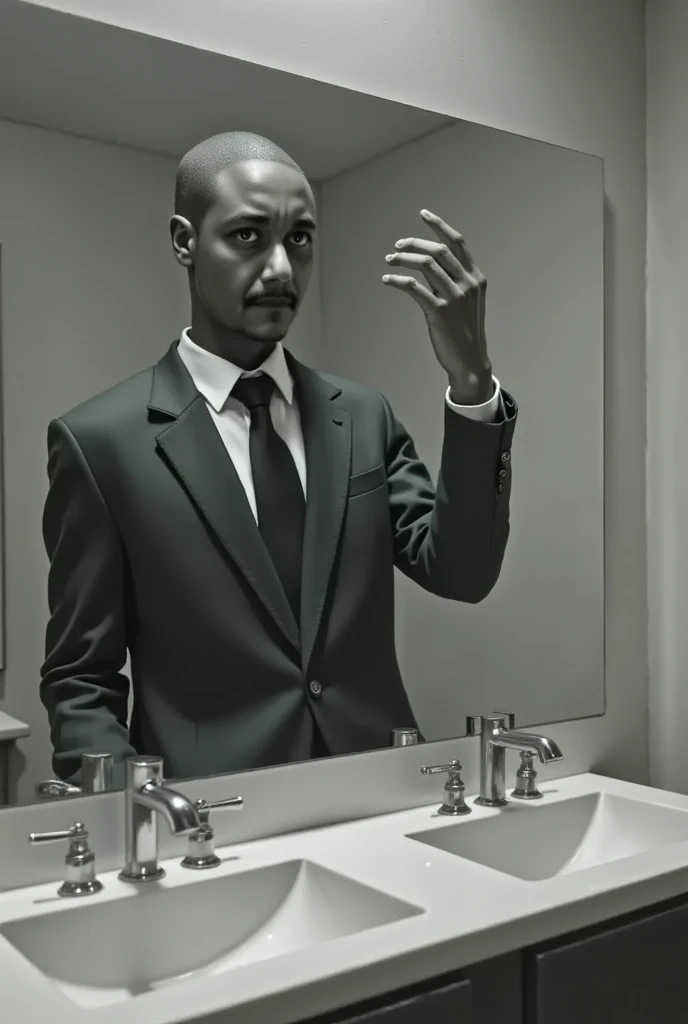 An alien wearing a suit and tie taking a selfie on the bathroom mirror 