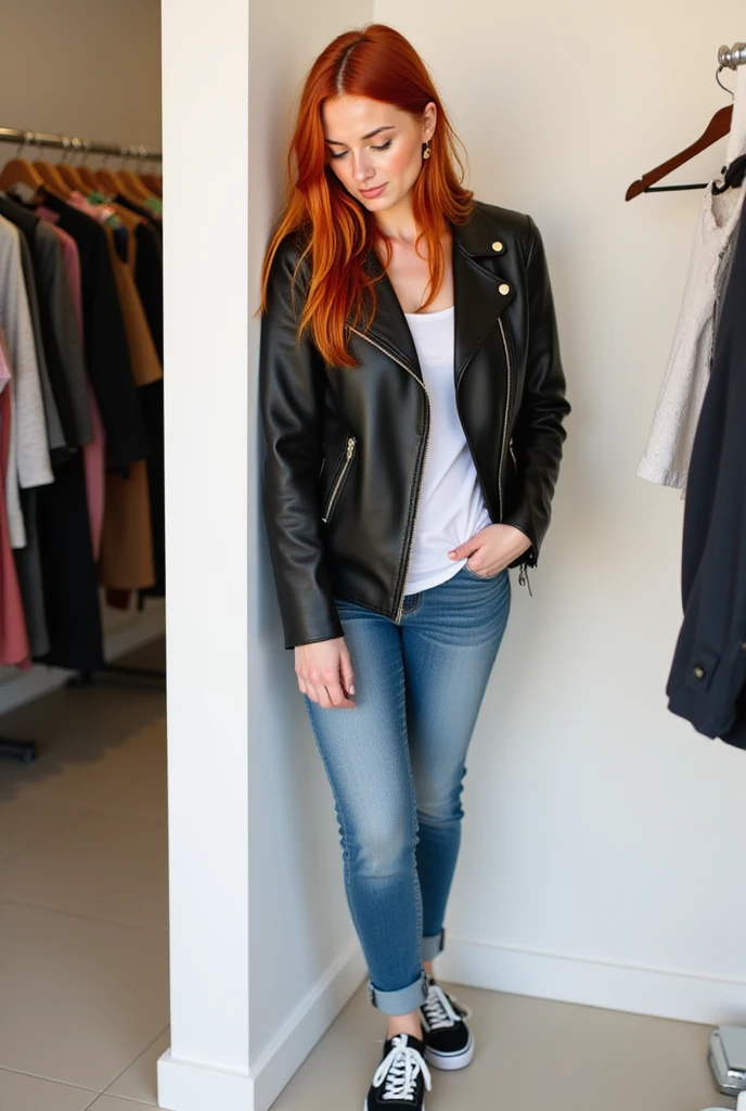 A redhead woman standing leaning against a wall inside a clothing store. The wall is white, she looks slightly down and in the direction of whoever is taking the photo 3 meters away. She wears a black leather jacket with a white t-shirt underneath, she also wears jeans and some sneakers similar to "vans". Real photo, full body