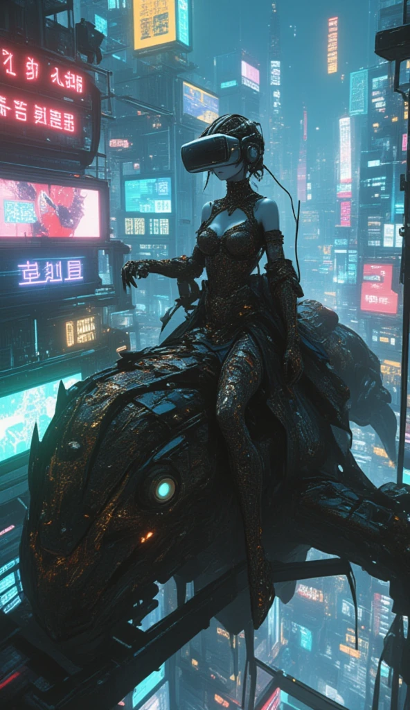 stunning impactful dark symbolic surrealistic fantastic  panoramic professional full body shot of stunning sci-fi,  beautiful black woman ultra white ghostly skin,wearing a itricate victorian luxury  black dress and a  vrheadset intricately_detailed_with_ornate_filigree_and_dark_moody, she is riding a titanic advanced technology mecha beast over a floating platform over a hyper industriality city, in a dystopian technological cyber city, surrounded by hologram screens and signs floating in the ambient and bloomin neon lit signs,  she is testing the intricate baroque hi-tech vr headset , impressive, atmospheric view, dense ambient, dark, dirty, hologram illusions, stunning visuals fx, cinematographic, pulp film photo masterpiece, unbeatable best quality, excessively realistic textures, in a stunning superior 12k resolution, cinematographic aspect ratio, baroque niji art concept, [Cinematic shot, bdsm Surgical precision],Cyberpunk style background,Science fiction art style,muted dark colors with red neon lights,High-res,Ultra-detailed,Realistic lighting effects,Bokeh, wearing black robes and cloak, divine pose, neonlit  vr headset, in the style of an Exo from Destiny,,surrounded by hologram screens and signs floating in the ambient and blooting the intricate baroque hi-tech vr headset , impressive, atmospheric view, dense ambient, dark, dirty, hologram illusions, stunning visuals fx, cinematographic, pulp film photo masterpiece, unbeatable best quality, excessively realistic textures, in a stunning superior 12k resolution,min neon lit signs, she is tesval robotica,ultra technology, new weird future,ne0nfant4sy,anime,cyberpunk