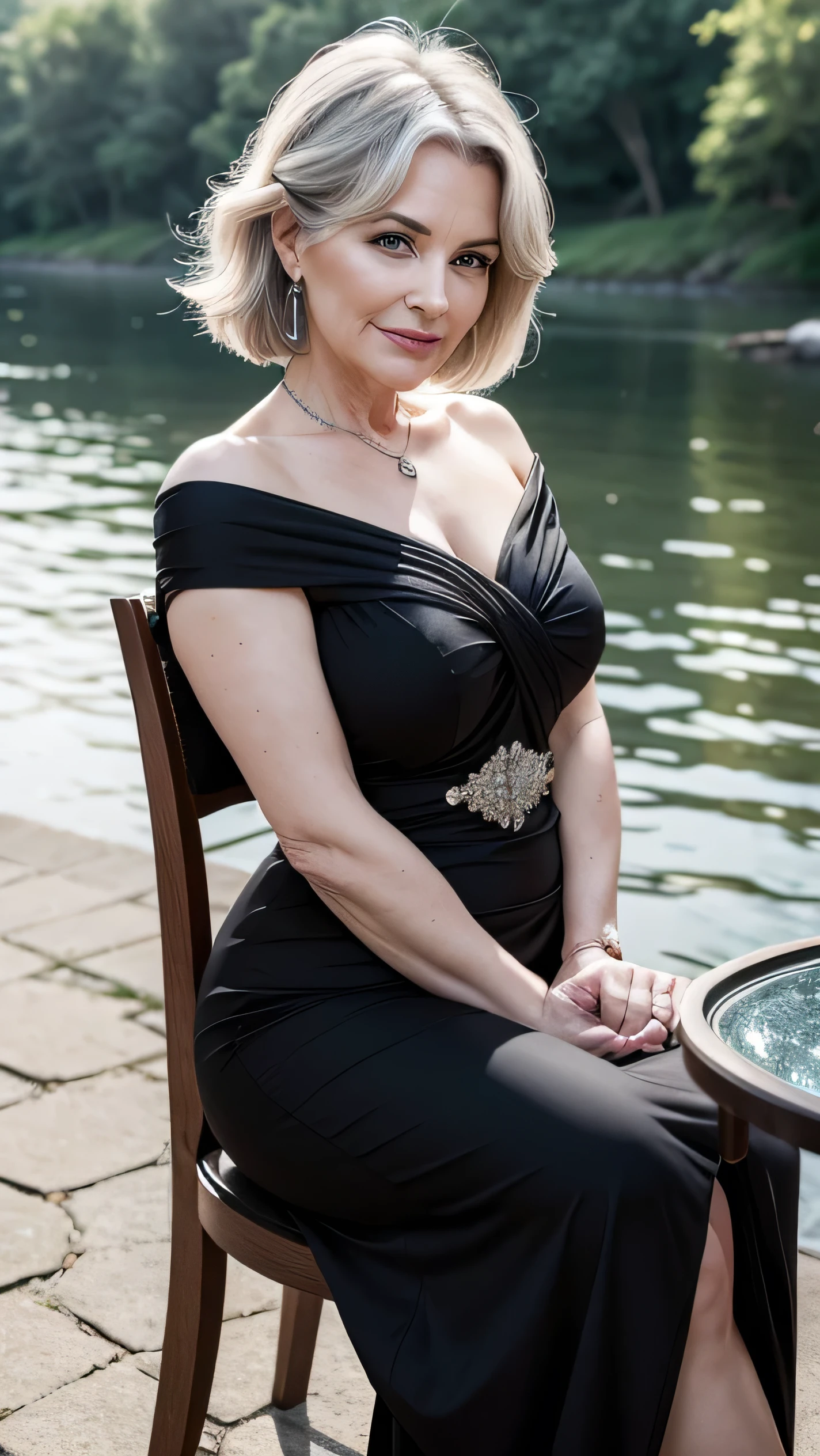 realistic portrait of a mature woman , 60 years old, wearing a black dress 、 it's an elegant motif . she should have a natural look , Curved Shape, blue eyes, Grey Hair, smile, take this image in high resolution with a 35mm lens、 capture a good perspective . sitting on a chair , River and prairie views