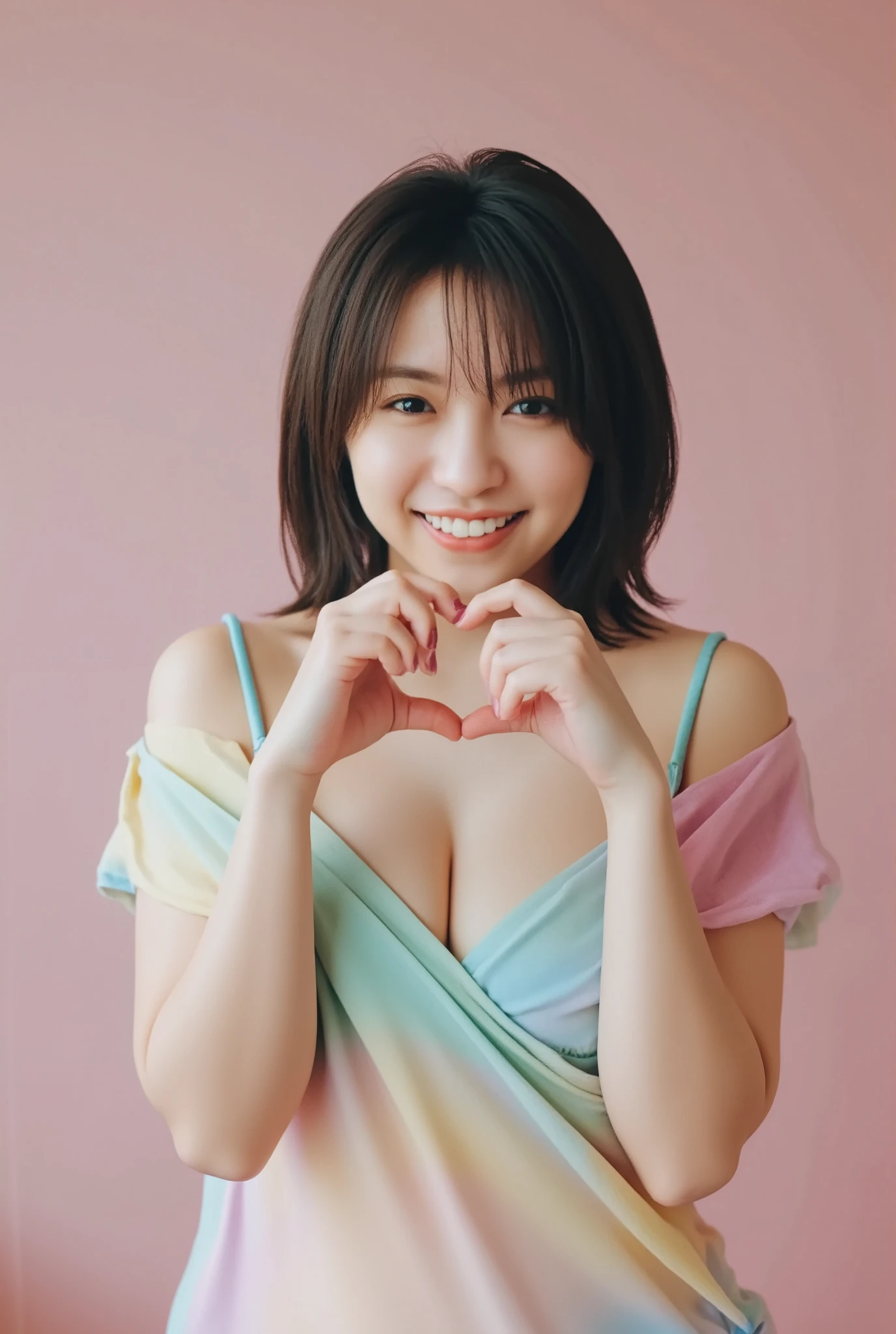 A smiling woman poses alone wearing off-the-shoulder pajamas in pastel colors that convey warmth simply by touching them softly and softly, making a firm, large heart shape with both hands, and holding them in front of her chest, View above collarbone、The background is a monotone 、
