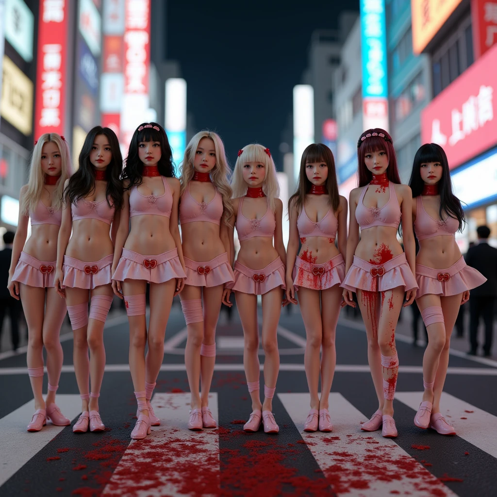 (((SFW, NSFW STILL SHOW, 12 Tiny Girls in a row:1.2, Shibuya Hachiko-mae scramble crossing on Halloween:1.2))), ((masterpiece:1.2, best quality, photorealistic:1.37)), {(Standing Full Body:1.2)|(from below:1.2)}, bandaged full body, { (bandaged head| bandaged limbs | Blood is dripping from the crotch) }, {((naked bandage))|metallic red nipple stickers}, {((bloody))|blood paste|(Blood-stained bandages)}, ((Detailed KAWAII face, Detailed glistening ivory skin)), {Bustling street|Crossroads|(Passerby schoolgirls)| halloween| neon}, {(Childish:1.2|Gigantic Cleavage:1.37|Underboob:1.2)}, {Red leather high collar| random weapons|shotgun|random hair colors}, {Floating hair|Strong wind|(((Ass focus)))}, Skirtlift, {(Kissing face to face)|:p|:d|laugh|sparkle|joyful|delighted|Drunk},extremely Detailed,