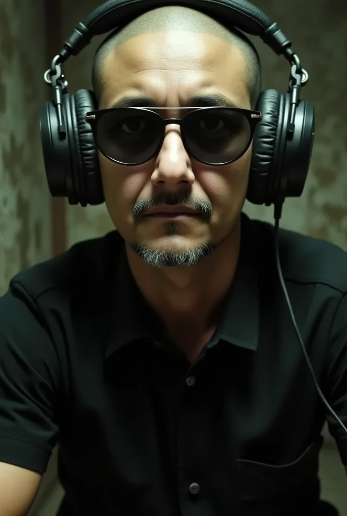  Rude realistic-looking alien , no nose,  with sunglasses and announcer headphones and a black shirt,  in front of a creepy radio booth , ready to broadcast 