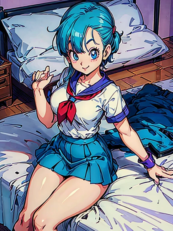 big ass,seductive smile,in the beds, school uniform , beautiful face,  detailed eyes, long,  medium breasts ,  thin waist ,  thin legs ,  perfect body , Bulma
