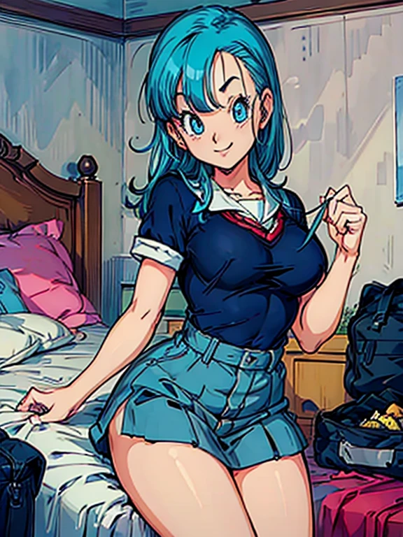 big ass,seductive smile,in the beds, school uniform , beautiful face,  detailed eyes, long,  medium breasts ,  thin waist ,  thin legs ,  perfect body , Bulma
